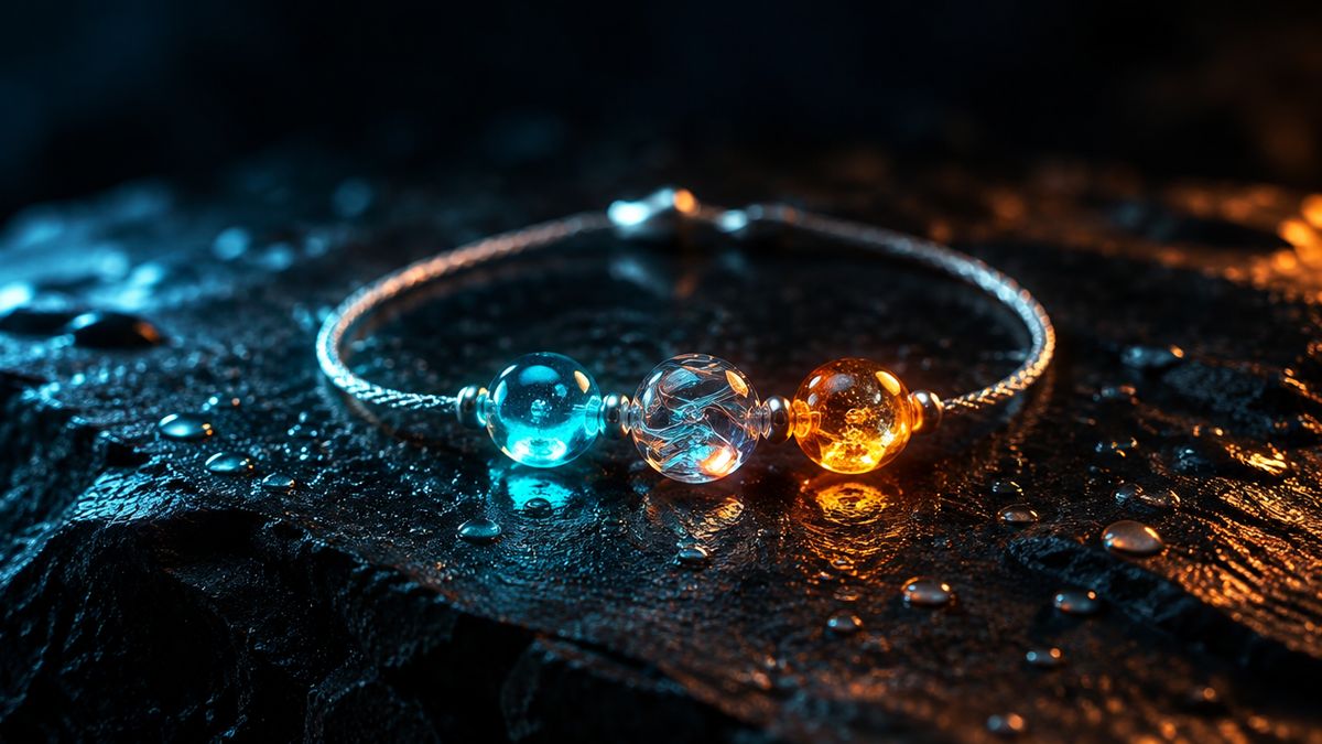 A short bracelet of three glowing beads resting on dark stone