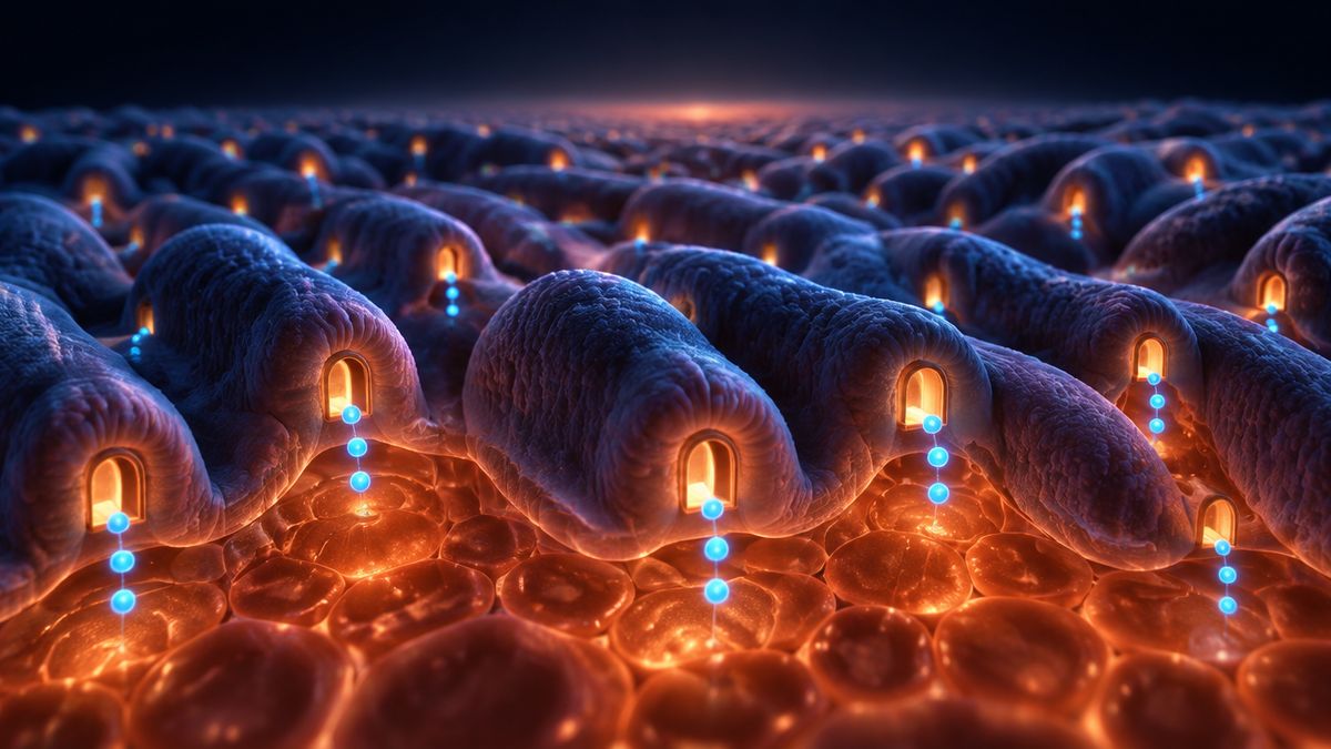 The inner lining of the gut shown as a glowing landscape of soft folds dotted with tiny lit doorways