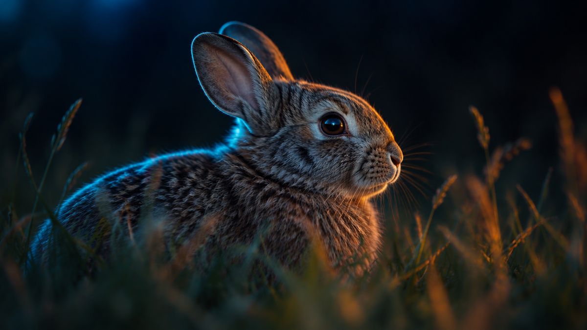 A calm, healthy rabbit resting in tall grass at dusk, its large dark eye clear and bright