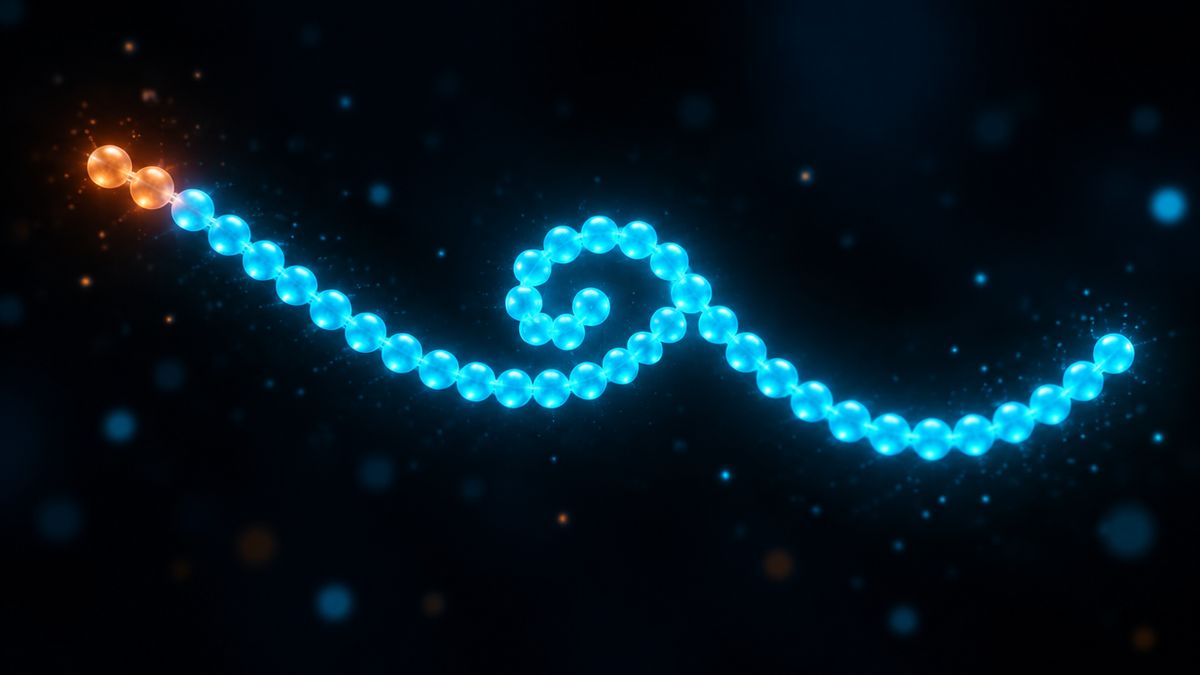 A curving chain of thirty-seven glowing beads, with the first two beads lit copper and the rest glowing cyan