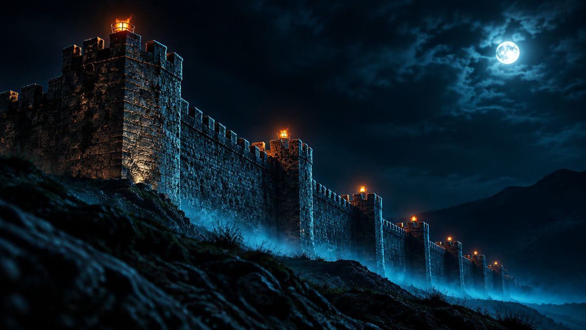 An old stone castle wall at night with small copper watch-fires glowing along its top