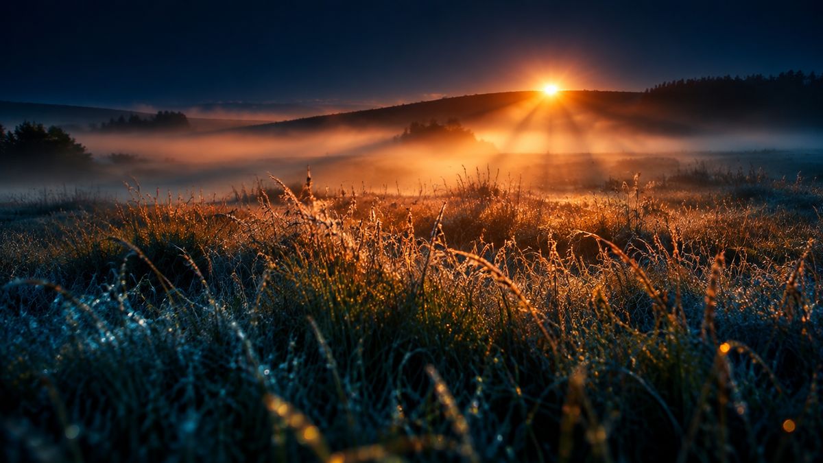 Golden sunbeams streaming over a misty meadow of tall grass at dawn