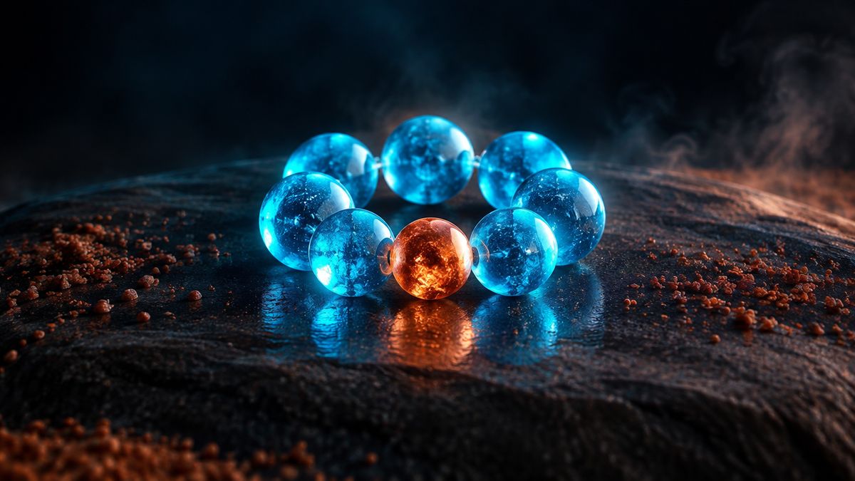 A bracelet of seven glowing beads closed into a ring, resting on dark desert stone