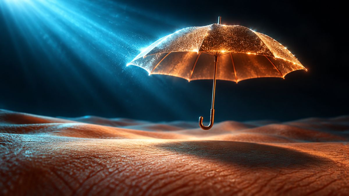 A glowing copper umbrella made of pigment floating over a landscape that looks like skin, blocking bright rays of light