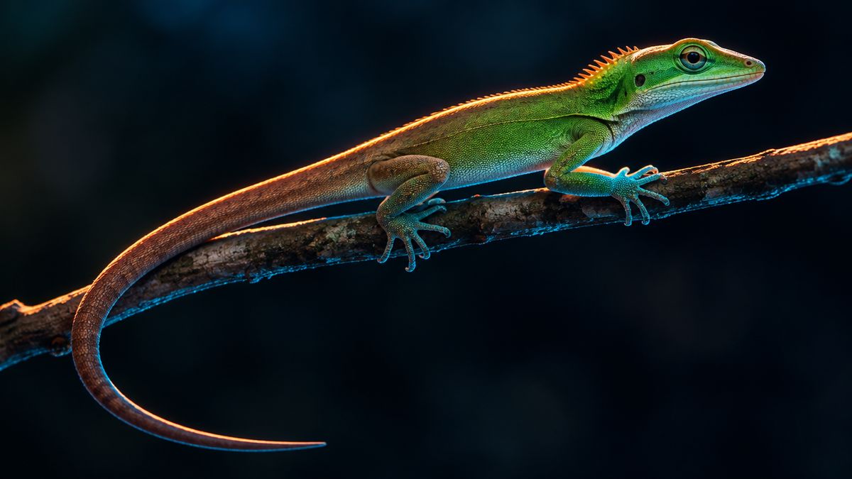 A calm green lizard resting on a thin branch, its skin shifting from green to brown