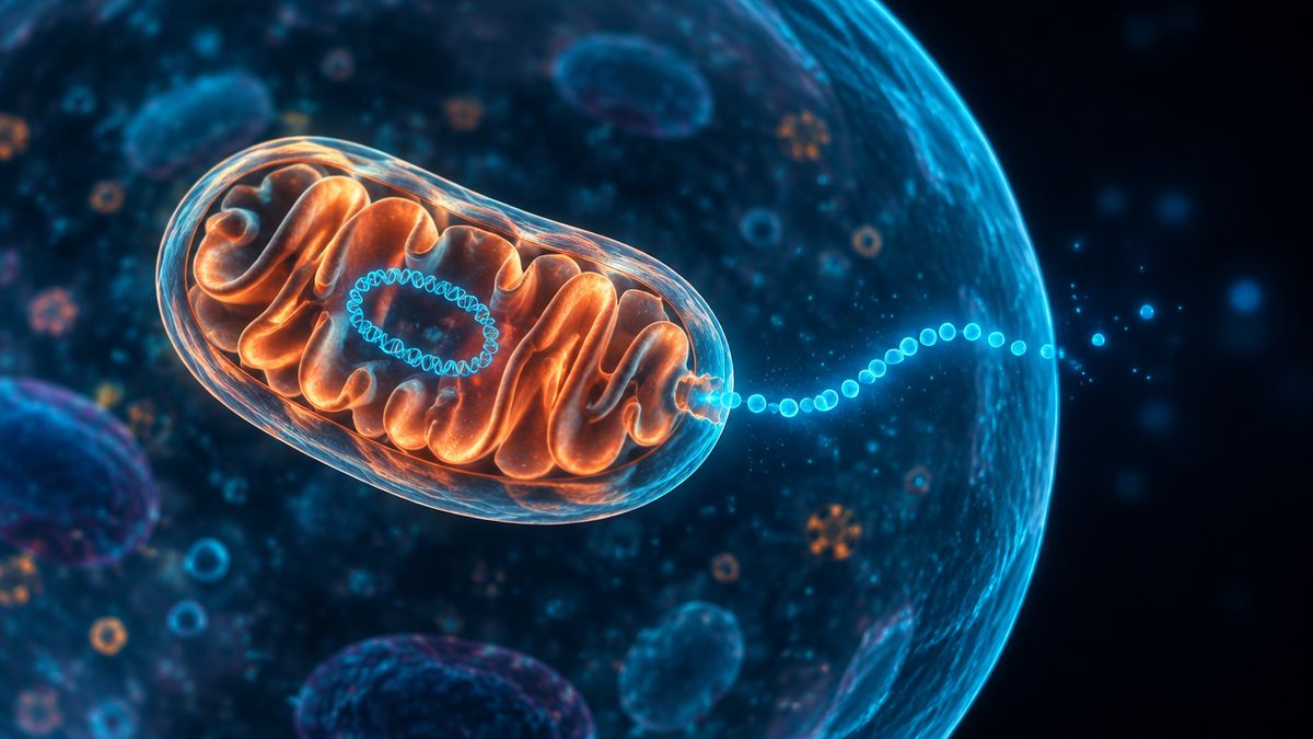 A glowing power plant shaped like a bean inside a cell, with a short string of sixteen beads drifting out of it