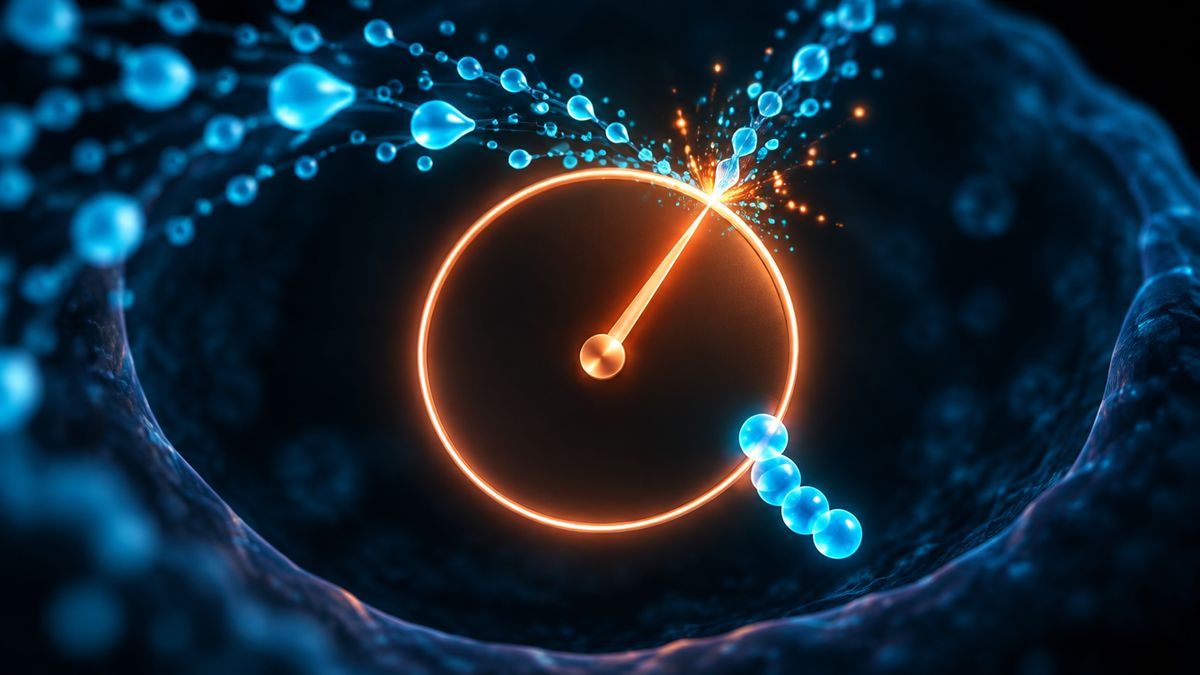 A glowing fuel gauge shape made of light inside a cell, its needle swinging up as sparks of fuel flow in