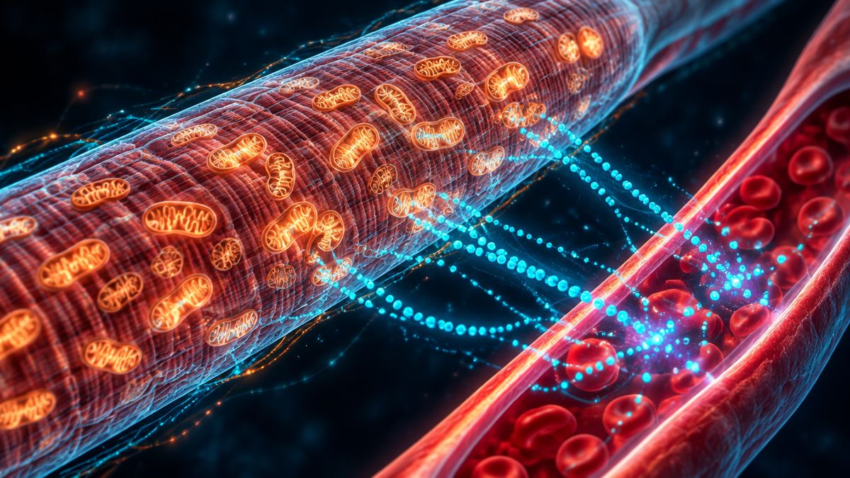 A muscle fiber glowing with many small power plants, with bright beads streaming out as it works