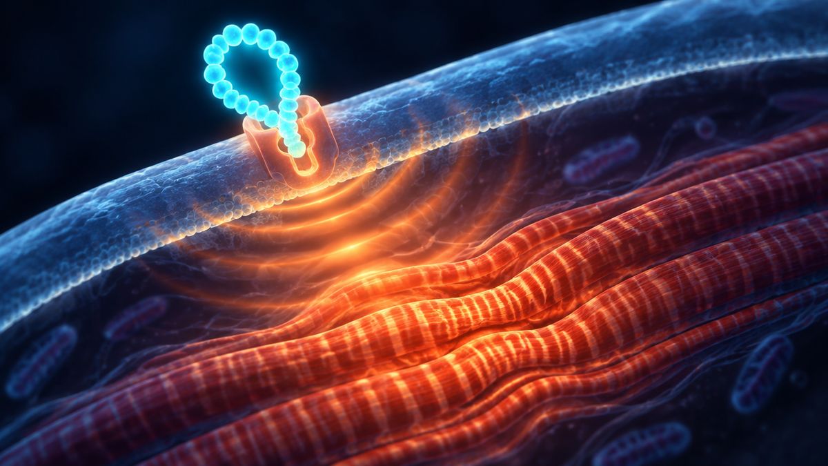 A glowing key shaped like a short bead loop sliding into a lock on the surface of a cell, with a wave of light spreading from it