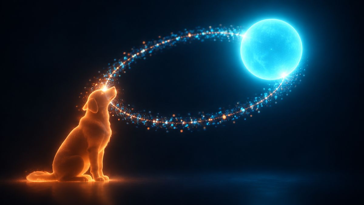 A glowing dog silhouette gazing up at a warm orb of light, with a ring of bright particles looping between them