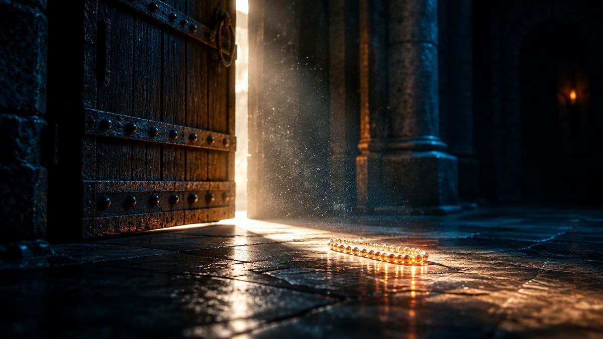 A heavy wooden door swinging open in a dark stone hall, with warm light pouring through the gap
