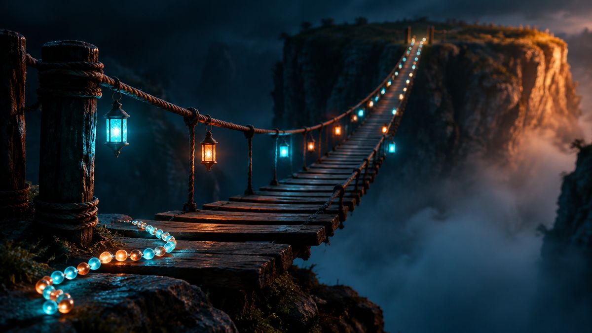 A narrow rope-and-plank footbridge glowing softly as it spans a deep, misty canyon at dusk