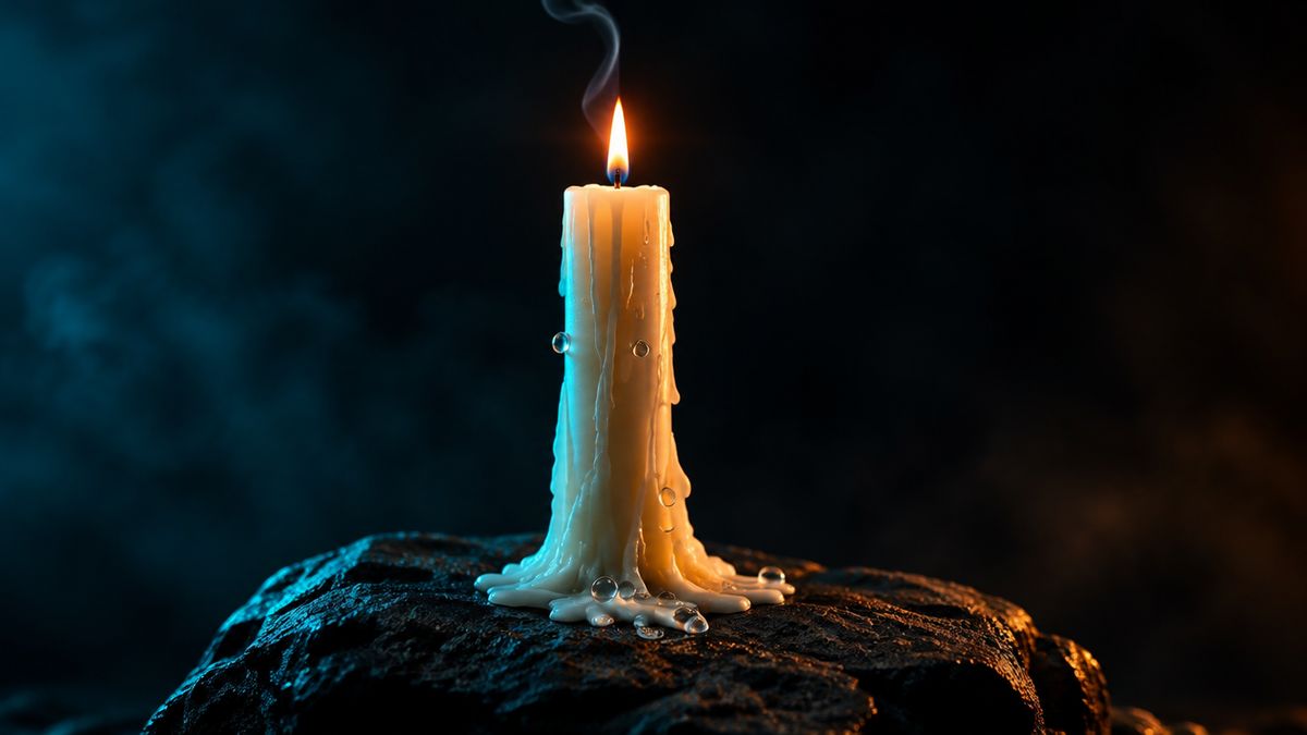 A tall wax candle glowing softly on dark rock, with a thin curl of smoke rising