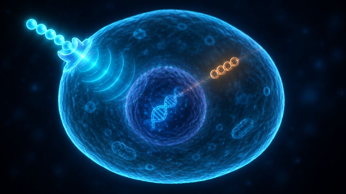 A glowing cell with a bead chain resting on a receptor on its surface, while a small ring-shaped molecule drifts inside toward the nucleus