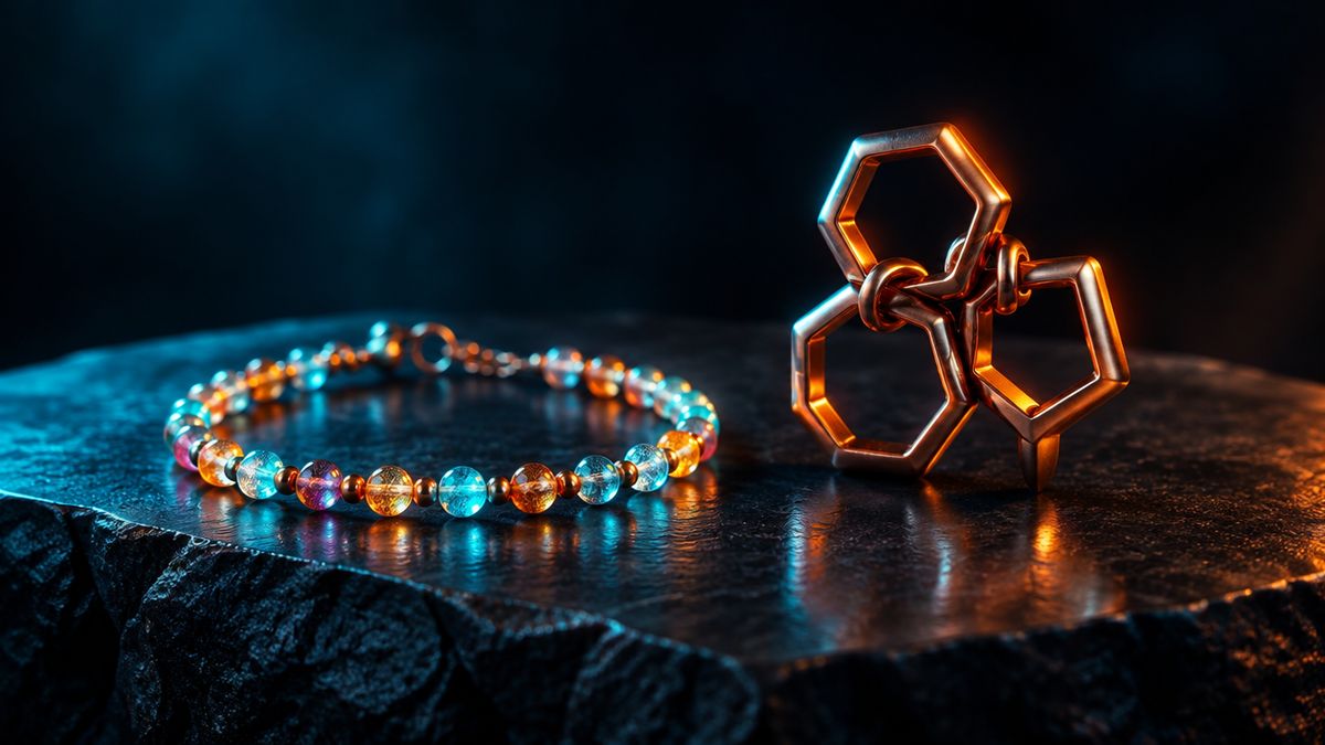 A bead bracelet of glowing beads lying on dark stone beside a small sculpture of linked rings