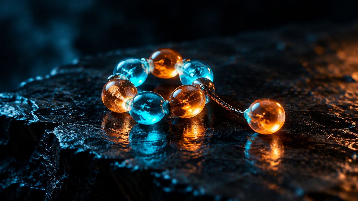 A small bracelet of seven glowing glass beads on dark stone, six closed in a ring and one sitting just outside it
