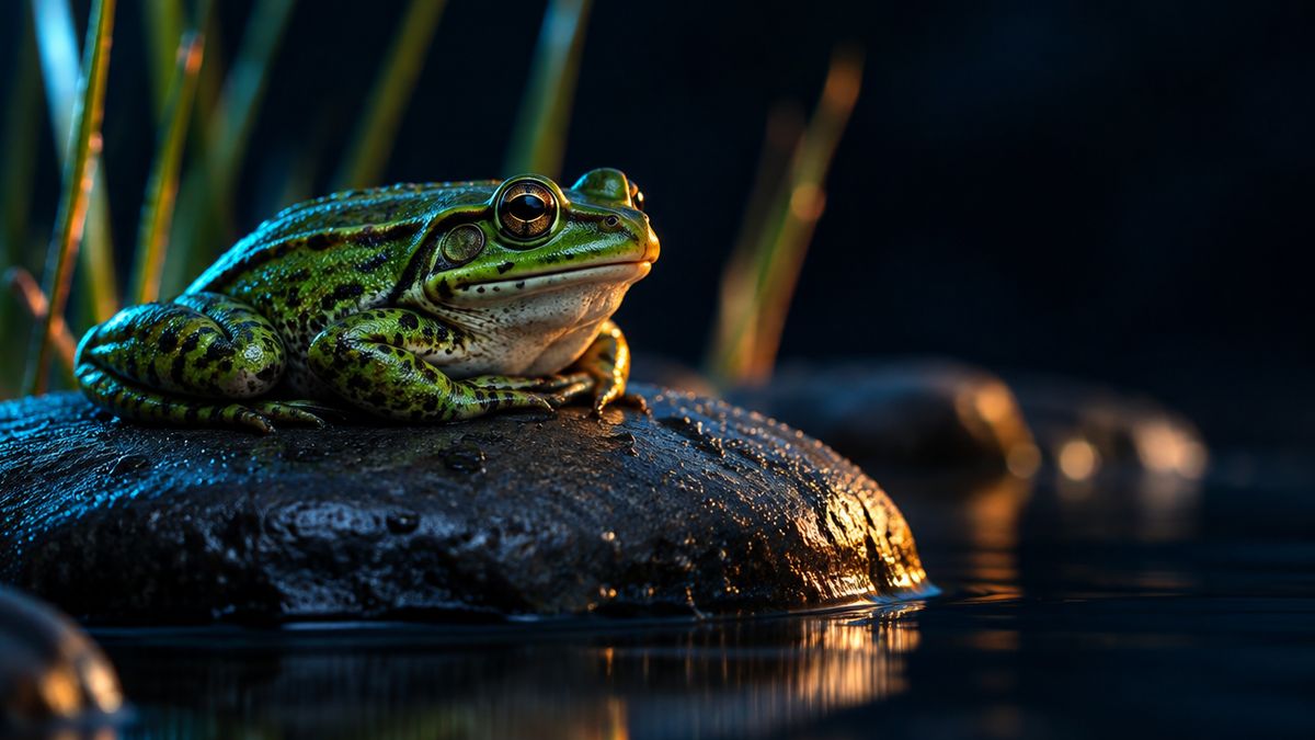 A calm green frog with softly mottled skin resting on a dark river stone beside still water