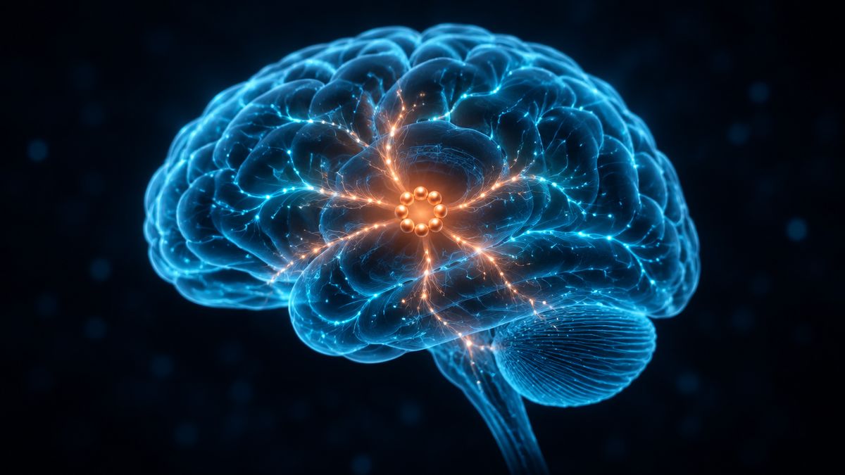 A glowing brain traced in cyan light with a warm copper spark near its center