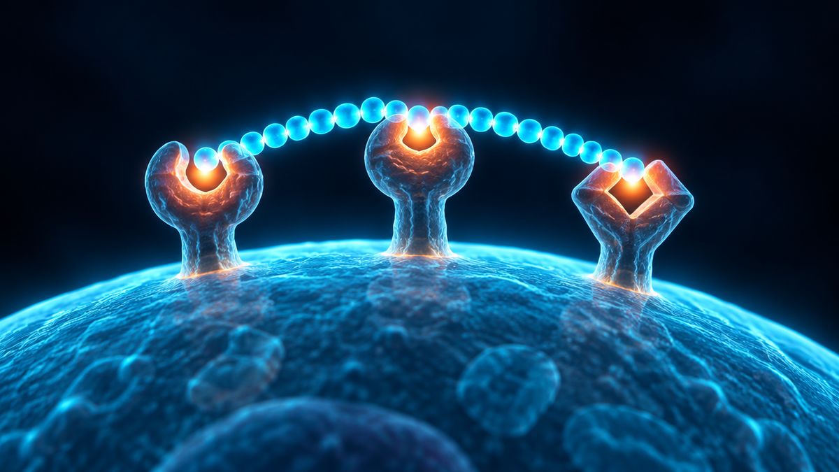A short glowing bead bracelet touching three different lock shapes on the surface of a cell