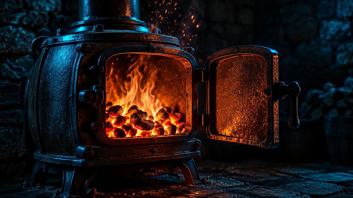 An old iron furnace in a dark cellar, its open door showing bright glowing coals and rising sparks