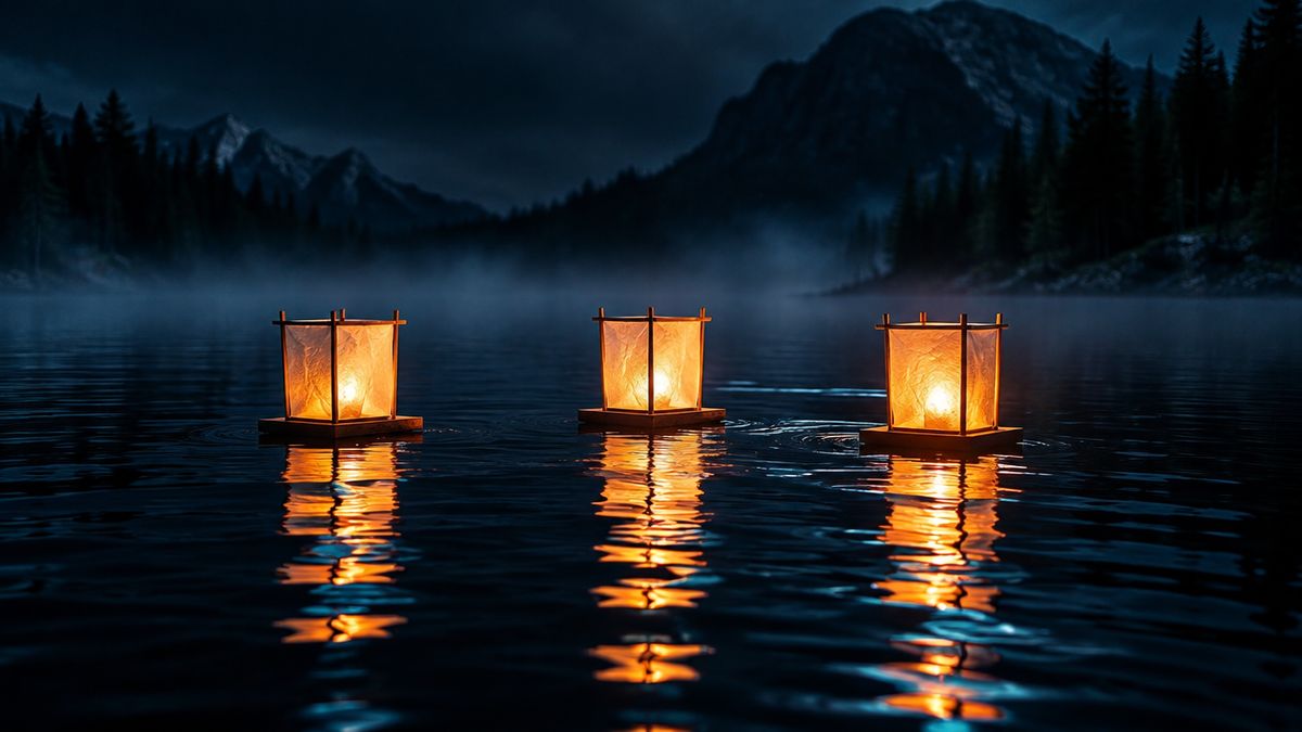 Three lanterns floating on a still, dark lake at night, each glowing brightly and lighting the water around it