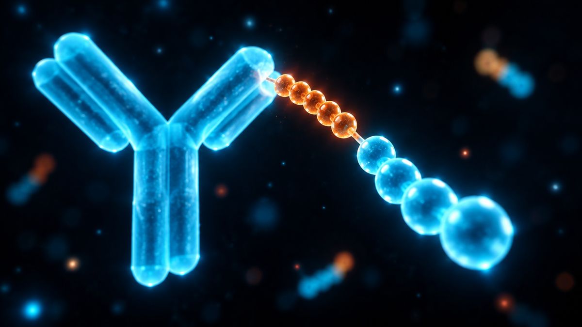 A Y-shaped antibody with a small glowing four-bead piece lifting off one arm and joining a three-bead tail