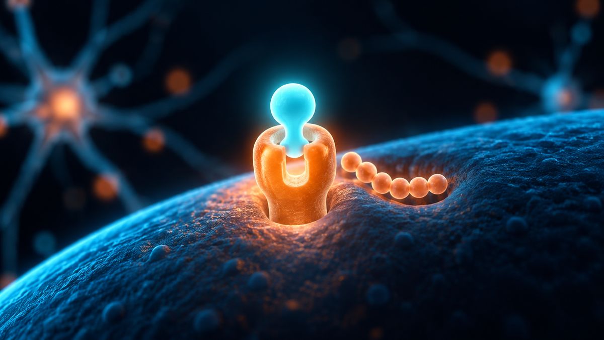 A glowing lock-shaped receptor on a nerve cell, with a small bead chain resting at its side and the light around it softly brighter