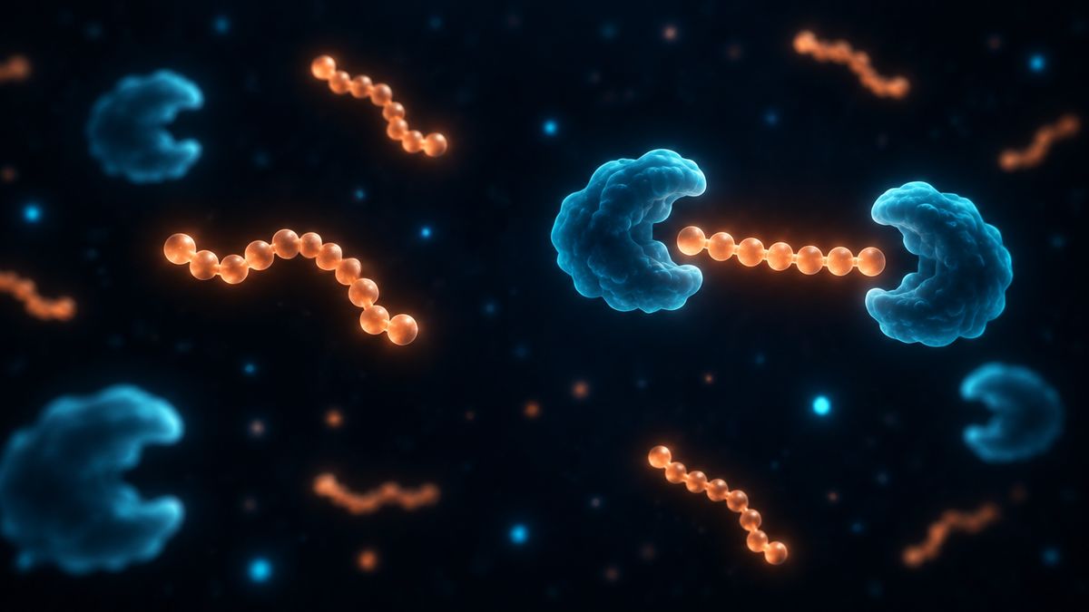 Small glowing peptide chains drifting safely while blunt scissor-like enzyme shapes are held back by a short bead chain
