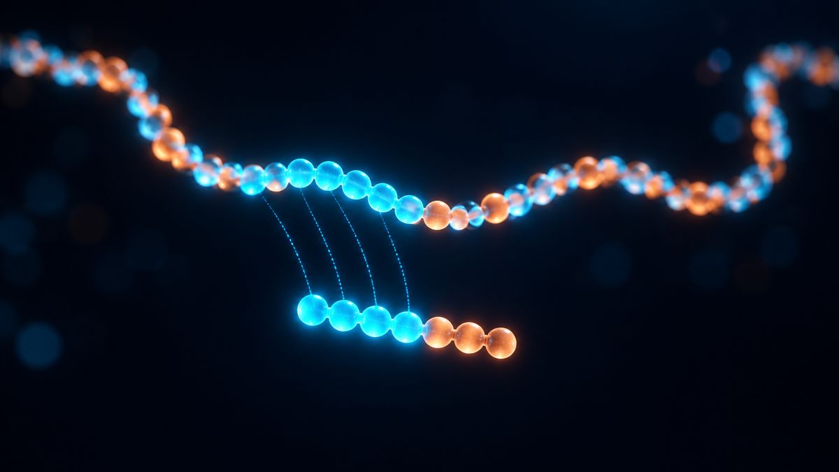 A short chain of seven glowing beads, four bright and three pale, next to a much longer chain it was copied from