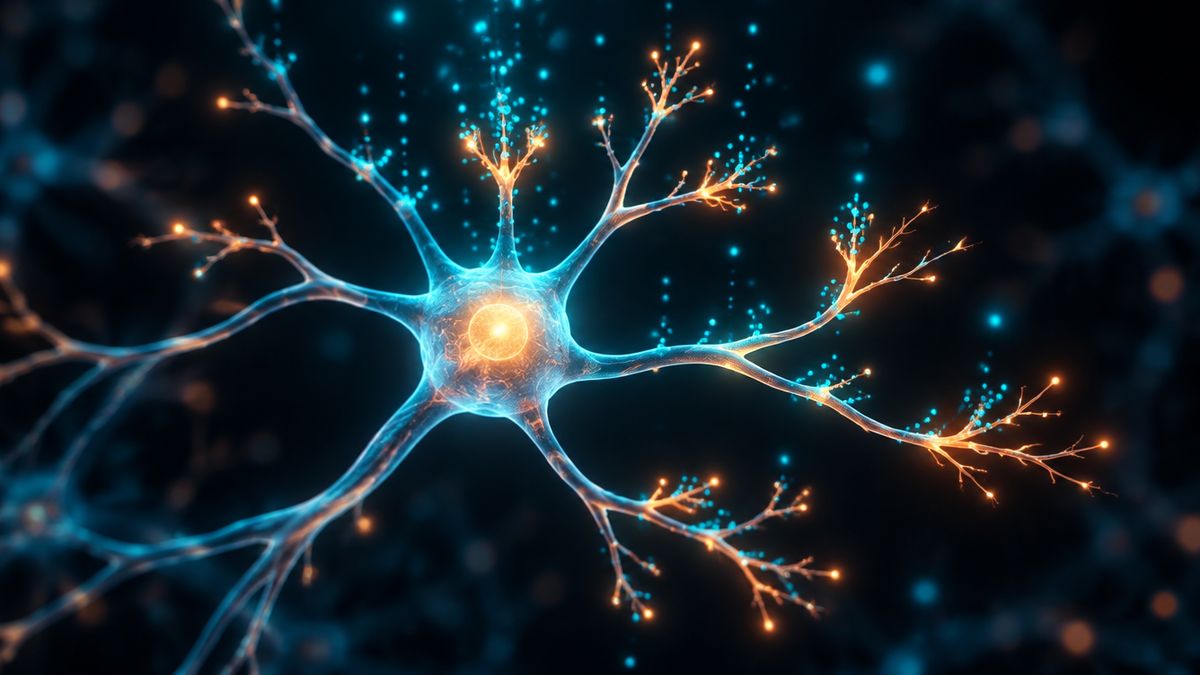 A glowing nerve cell sprouting new branches as soft points of light settle on it like plant food