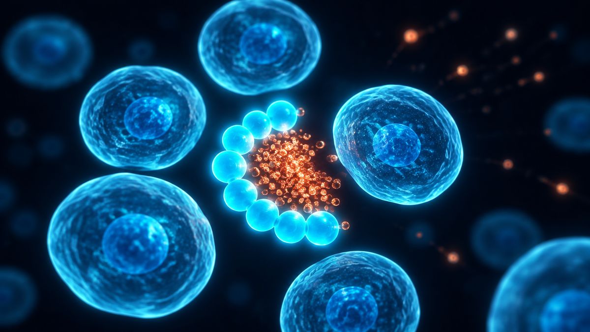 A small bead chain gripping tiny copper sparks while nearby cells glow safely