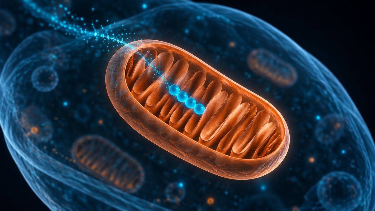 A glowing bean-shaped power plant inside a cell, with a short chain of four beads resting on its folded inner walls