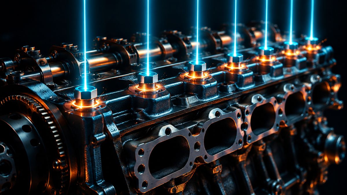 An engine glowing in the dark, its bolts being tightened by thin beams of light