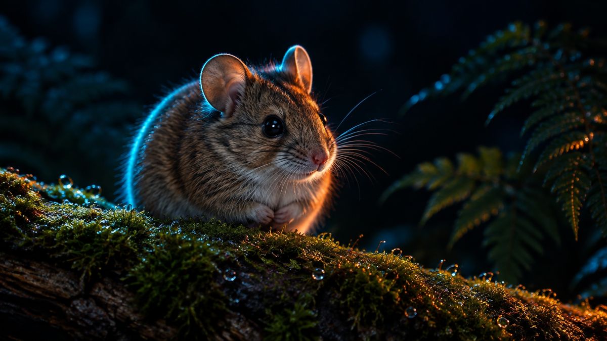 A calm old mouse with silver whiskers resting on a moss-covered log at night