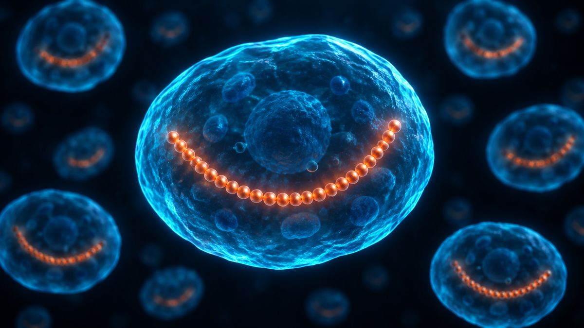 A long bracelet of forty-three glowing beads floating inside a translucent cell