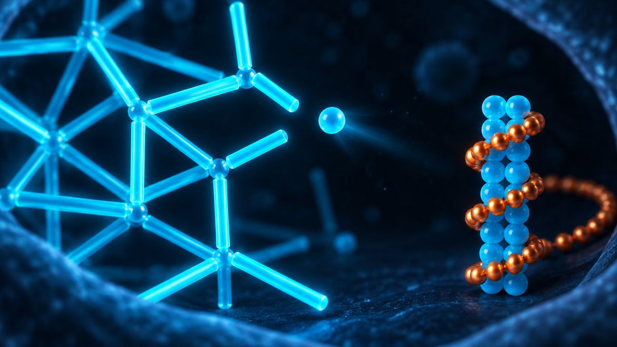 Glowing scaffolding poles inside a cell, with single spare beads held in a neat stack beside them
