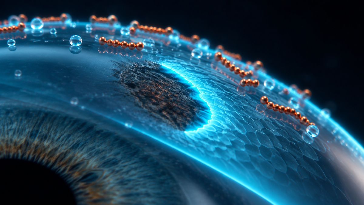 A glowing cornea surface closing over a dark injured patch, lit in cyan and copper