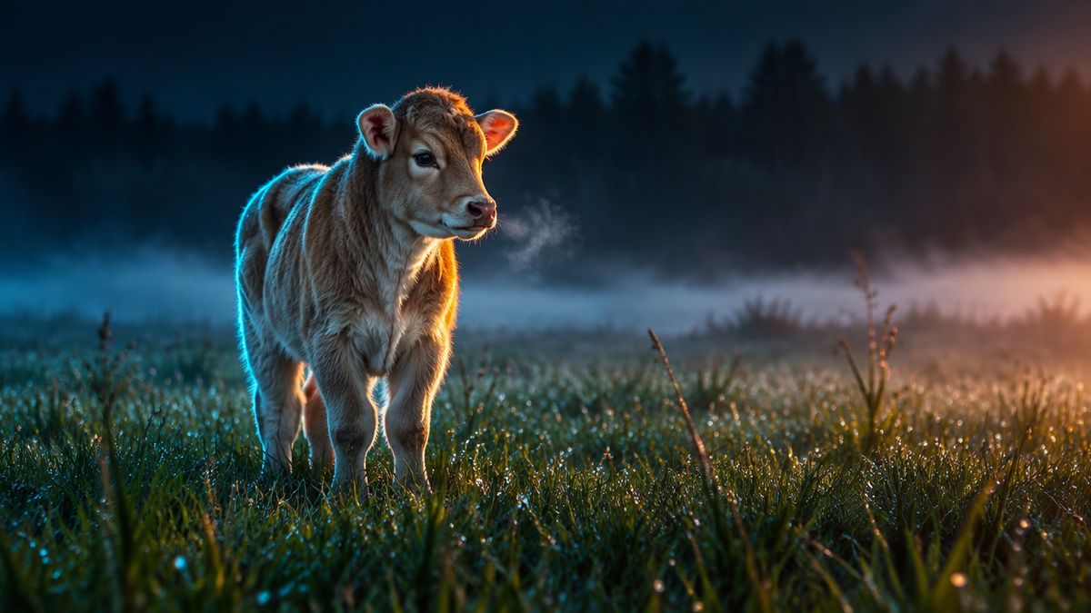 A calm young calf standing in a misty green field at dawn, lit by soft cyan and copper light