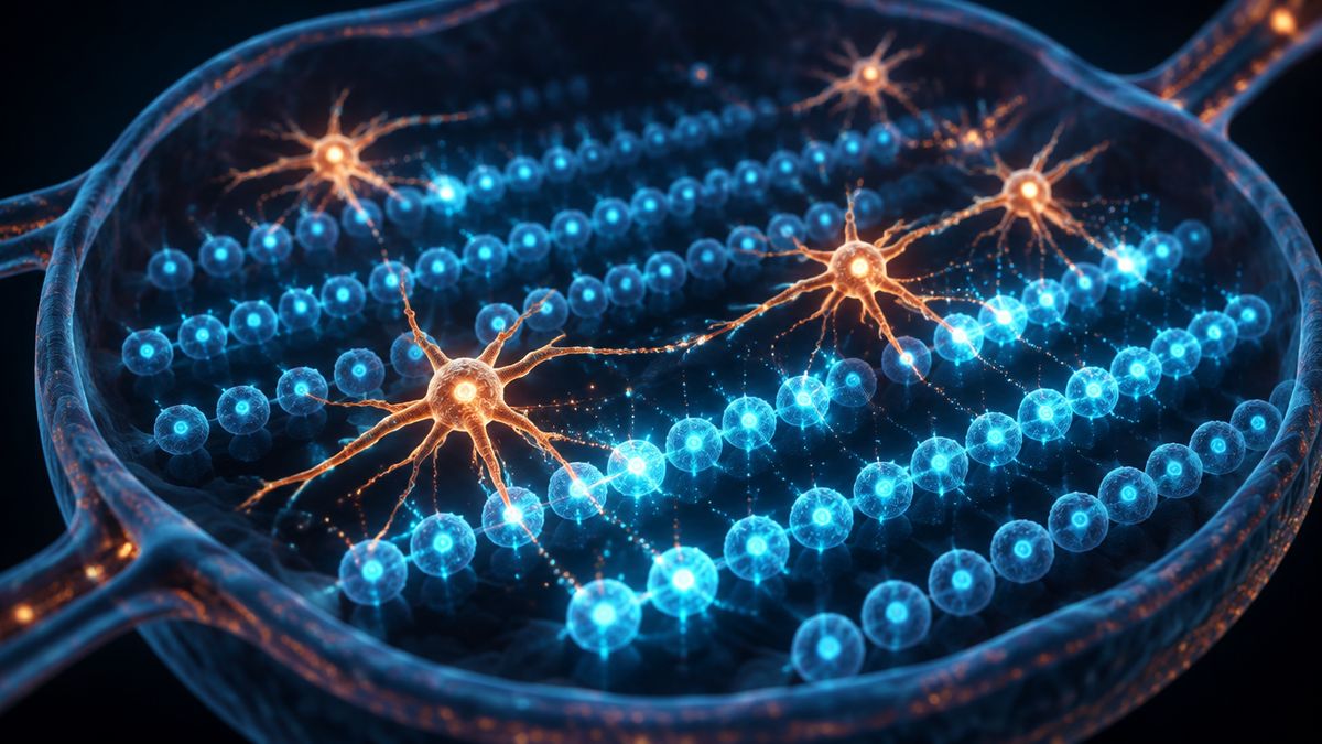 Glowing immune cells lined up in neat rows inside a softly lit chamber, like recruits at a training camp