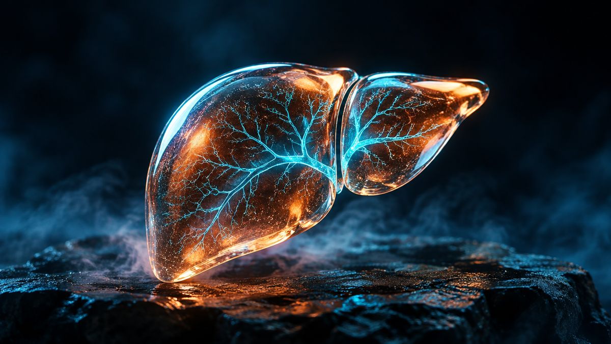 A glowing, glass-like liver resting on dark stone, lit by cyan and copper light