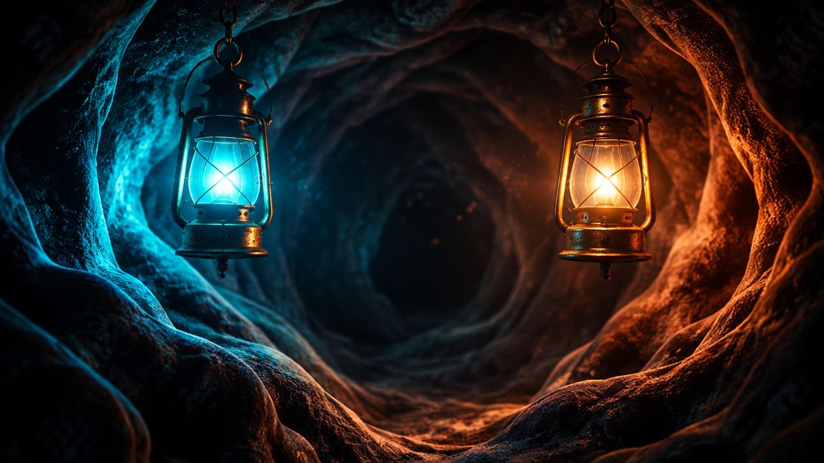 Two old lanterns glowing side by side in a dark, soft cave whose walls look like folds of velvet