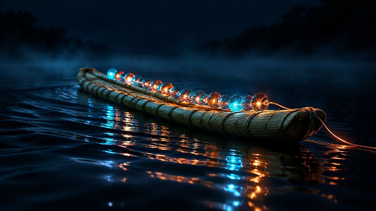 A long, soft raft drifting down a dark river at night, carrying a glowing chain of beads