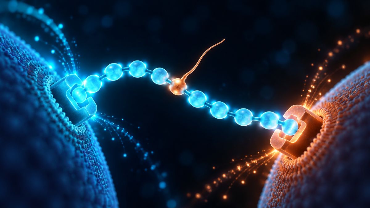 A short chain of glowing beads shaped like a key, fitting into two different locks at the same time
