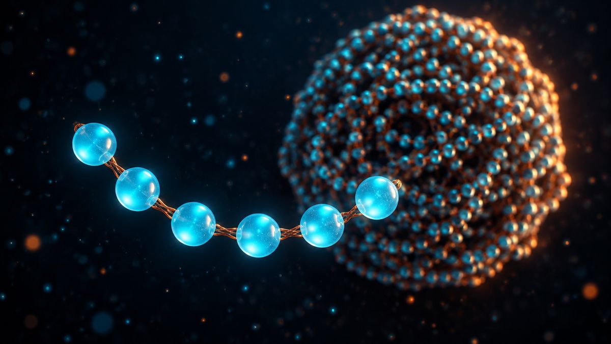 A short glowing chain of beads in front, with a long chain folded into a tight ball behind it