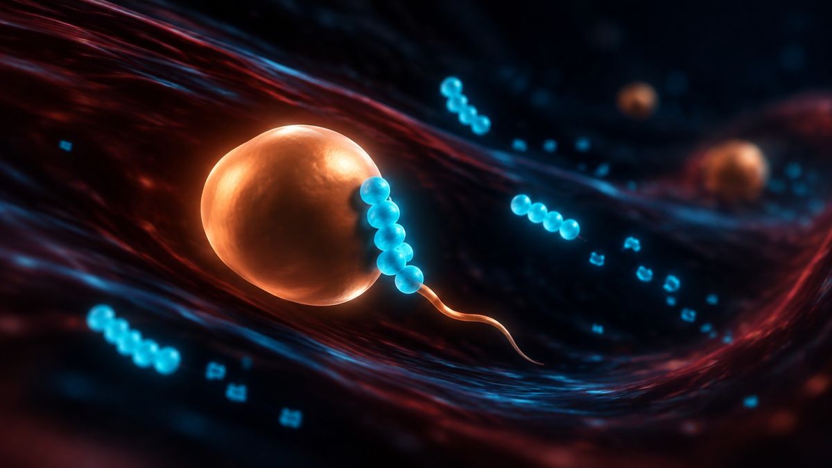 A short glowing bead chain with a small trailing tail, hitching a ride on a large round carrier drifting through a dark stream