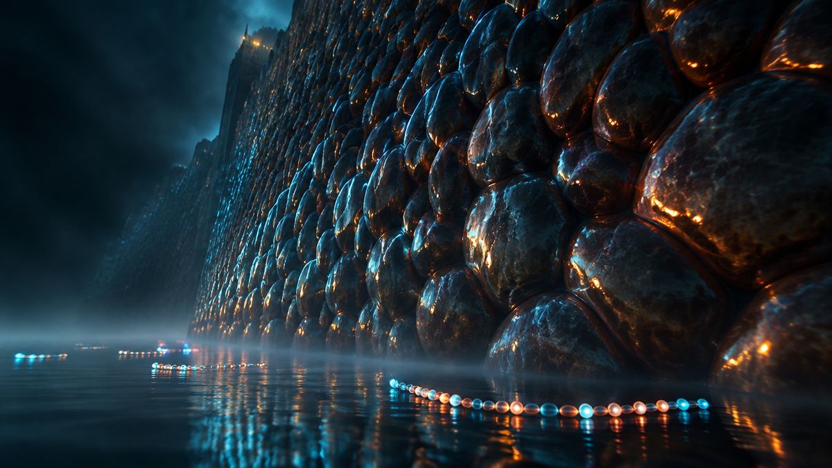 A towering wall of tightly packed, cell-like stones above a misty moat, with strings of glowing beads stuck at its base