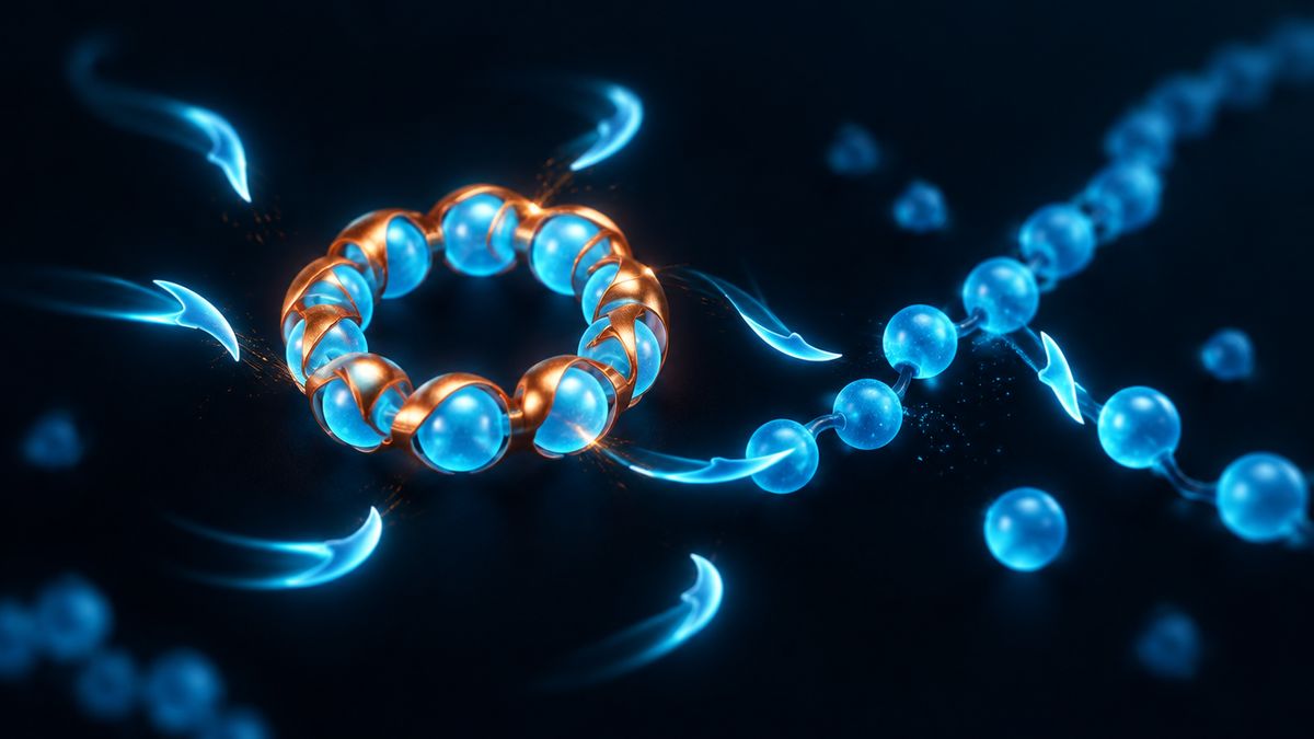 A glowing bead bracelet closed into a ring and fitted with copper armor, as small blades of light glance off it