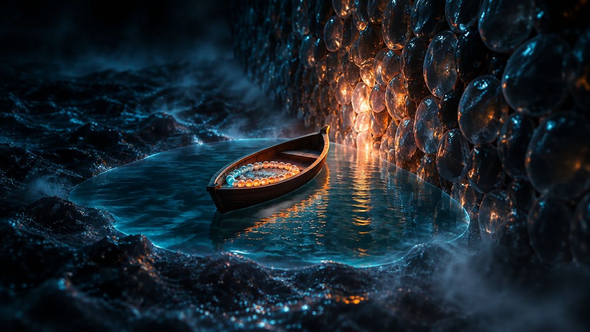 A tiny wooden boat carrying a coil of glowing beads across a dark moat toward a wall of glossy cell-like stones